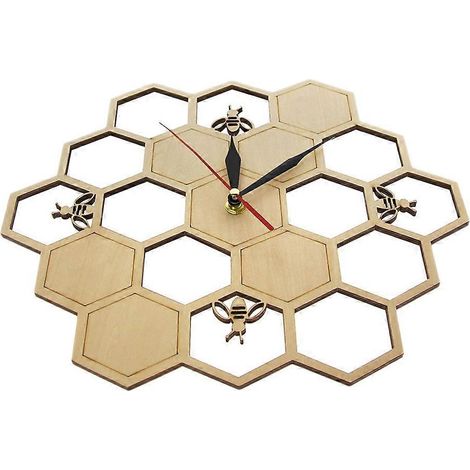 Horloge murale en bois découpé, hexagone nid d'abeille, nature (1/5)