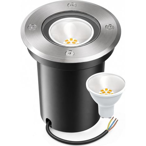 Projecteur extérieur encastrable IP67 étanche, spot de sol 230V avec LED GU10 3W blanc chaud (remplaçable) – Luminaire rond avec verre trempé transparent, résistant au passage des véhicules (1/5)