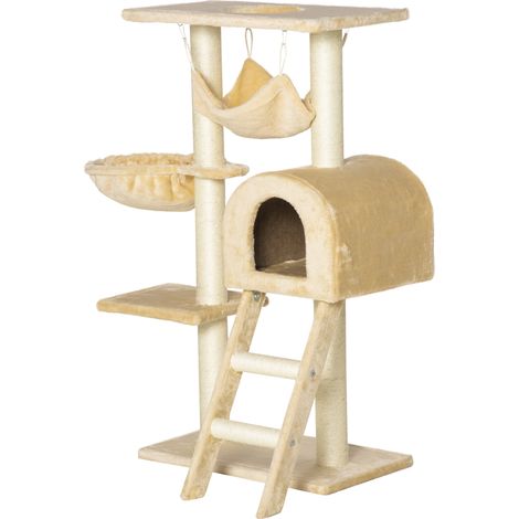 Katzenbaum, Kratzbaum, Kletterturm, stabil, mehrstufiges Spielcenter, 98 cm, beige