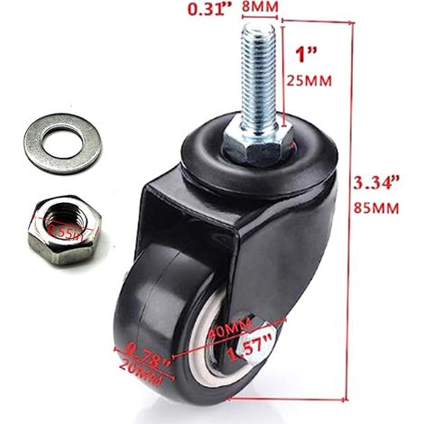 JSSEVN - Caster with M8 x 25 threaded stem and 1.5" spacer nut for trolley, workbench, furniture (wheels without brake, 4 pieces) (1/3)