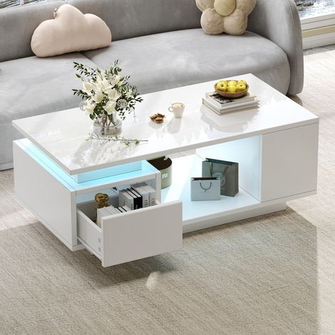 Mesa de centro de tablero de partículas blanco brillo 100 x 50 cm con cajón y LED (1/5)