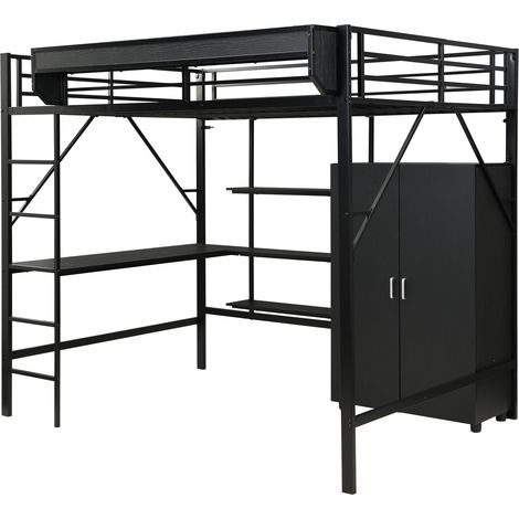 Cama alta de hierro y MDF negro 140 x 200 cm con escritorio y armario MODENUIT (1/5)