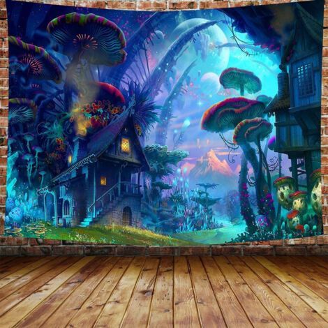 1pc Tenture Murale Forêt Maison, Tapisserie Psychédélique Fantaisie Tapisserie Murale Champignon Château, Hippie Décoration Tenture pour Chambre Salon,150200cm (1/4)