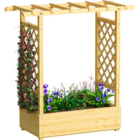 Hochbeet mit seitlichem und oberem Rankgitter, Blumenkasten mit Abflusslöchern, 110 x 44 x 113 cm, Naturholz