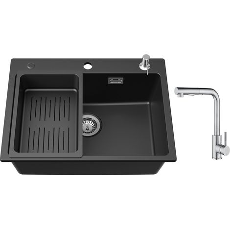 Cecipa Lavello 1 Vasca 60x45 cm con Cestello di Scarico e Dispenser per Sapone + Miscelatore da Cucina con Doccetta Estraibile - 2 Getti a Scelta - Spazzolato (1/5)