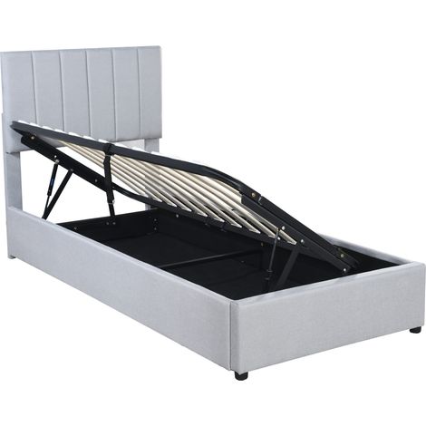 Cama con arcón infantil 90x200 cm de lino gris con somier de lamas y almacenaje hidráulico (1/5)