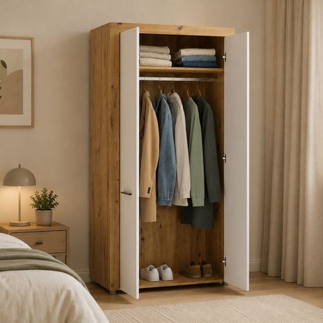 Guardaroba 2 Ante Lesemelo, Armadio Camera da Letto un Ripiano, Appendiabiti, Apertura Battente, 100x192h cm Marrone Rovere (1/4)