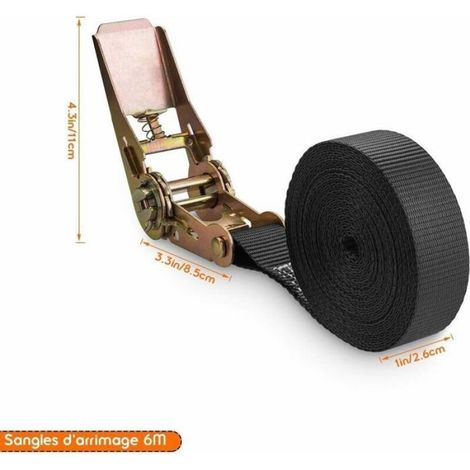 Sangle A Cliquet - 6 M X 25 Mm - Capacité De Chargement 800 Kg - Pour Moto Voiture Vélo Remorque - Lot De 4 (1/5)