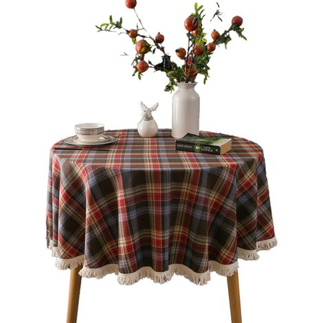 Nappe à carreaux et pompons - Motif à carreaux tissé brun-vert + pompons blancs - 100 x 140 cm (1/5)