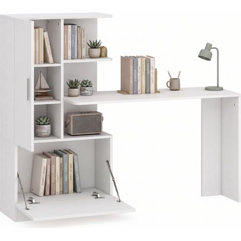 Bureau d'ordinateur - HOMCOM - bibliothèque, placard et étagères ouvertes - bois - 150 x 55 x 122 cm - blanc (1/5)
