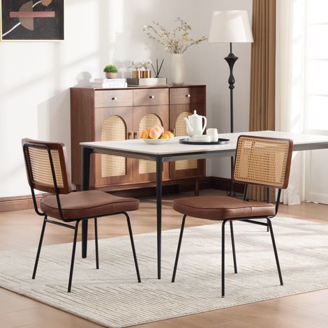 Lot de 2 chaises à manger en cuir PU vintage sans accoudoirs. Cadre bois massif effet rotin,pieds métalliques ajustables,teinte brun. (1/5)