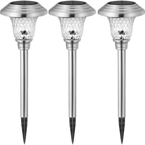 Lot de 3 bornes solaire en acier inoxydable, éclairage paysager Lanternes solaires décoratives pour extérieur, terrasse, jardin, lumière blanche (1/5)