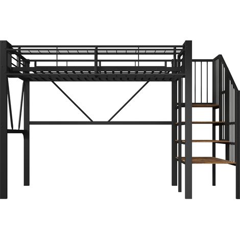 Cama alta de metal 90 x 200 cm con estanterías, LED y almacenaje, negra (1/5)