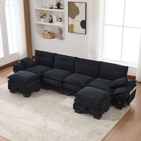 Divano modulare a 4 posti in velluto a coste con 2 pouf, nero, USB-C e tasche laterali (1/5)