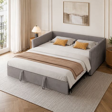 Canapé Lit Gigogne 90/180x200 cm, Lit Extensible 2 en 1 avec Sommier à Lattes, Canapé-lit capitonné, Velours Gris (1/5)