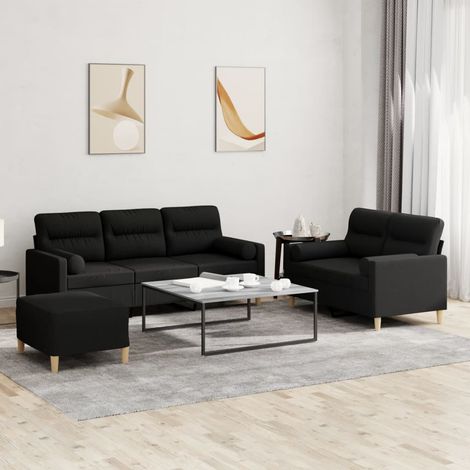3-tlg. Sofagarnitur mit Kissen Schwarz Stoff (1/5)