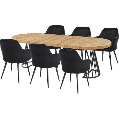 Set tavolo FIRELA e 6 sedie ELEANA - Naturale chiaro e nero (1/5)