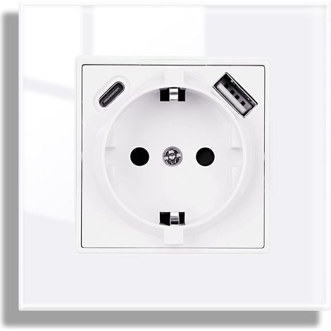 Prise en verre avec port USB blanc, USB A et port de type C max. 2,1 A, 16 A, vitre en verre trempé, prise 86 mm x 86 mm, 1 compartiment, 250 V (1/5)