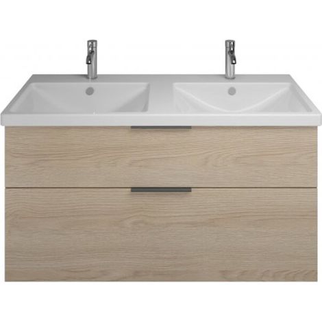 Burgbad Eqio Keramik-Doppelwaschtisch mit Unterschrank 123 cm, mit Mittelsteg und Griffleiste Eiche Dekor Cashmere/Alpinweiss Schwarz matt (1/5)