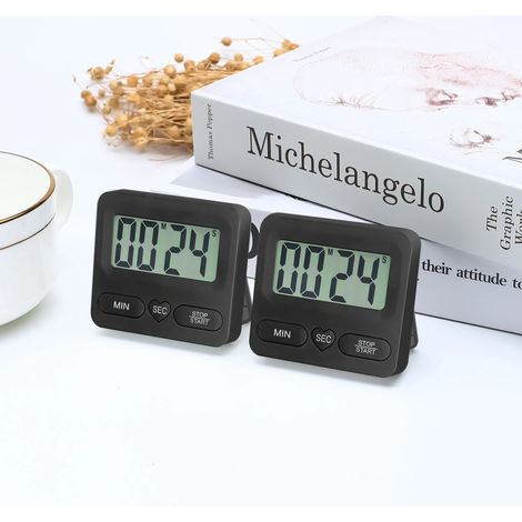 Minuterie de cuisine avec réveil, minuterie pour enfants, fonction mémoire, grand écran numérique, aimant et support multifonctionnelle ， 2pc, noir (1/5)