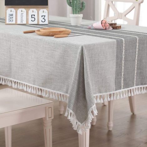 Nappe rectangulaire en lin et coton, infroissable, à pompons, lavable, pour la cuisine, la salle à manger, les réceptions (grise, 140 x 180 cm) (1/5)
