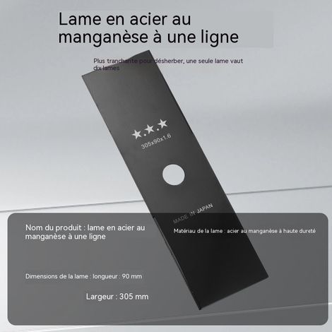Lame de débroussailleuse droite 2 dents en acier au manganèse, 305x90x1.6mm, lame rectangulaire à double tranchant, traitement noir anti-corrosion, pour coupe-herbe et désherbage