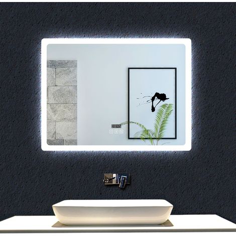 Ocean 120x70cm Miroir de salle de bain LED, affichage de l'heure et Bluetooth, 3 couleurs, anti-buée, mural, rectangulaire (1/5)