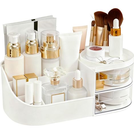 Organizador blanco de 2 cajones (28,5 × 16 × 10,5 cm), ideal para guardar brochas, pintalabios y productos para el cuidado de la piel diseño compacto. (1/5)