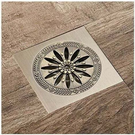 Duschablauf aus antikem Messing, quadratischer Bodenablauf, geruchshemmendes Duschgitter, großer Durchmesser 10 x 10 cm, Badezimmerzubehör - Crezuo