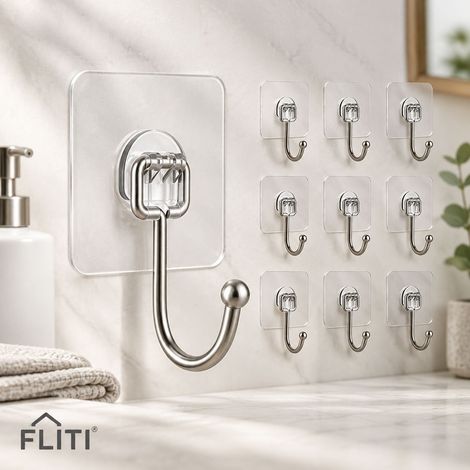 FLITI-Crochets Adhésifs Transparent 10 Pièces Acier Inoxydable PVC Mural Salle de Bain Cuisine (1/5)