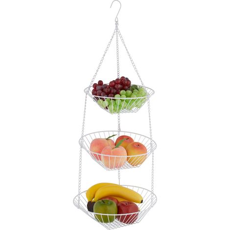 Relaxdays Frutero Colgante, 73x28 cm, 3 Niveles, Acero, Cesta Redonda Fruta y Verdura, Almacenamiento Cocina, Blanco