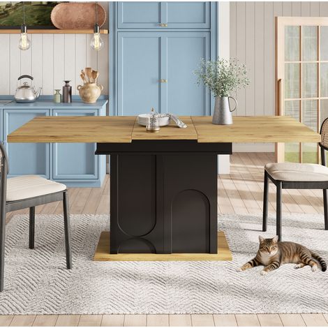 Table à manger extensible 110-140x80 cm avec rangement, pour 2 à 6 personnes, MDF noir et bois (1/5)