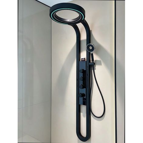 Ensemble de douche thermostatique numérique, système de douche LED avec pommeau pluie et douchette à main (noir)