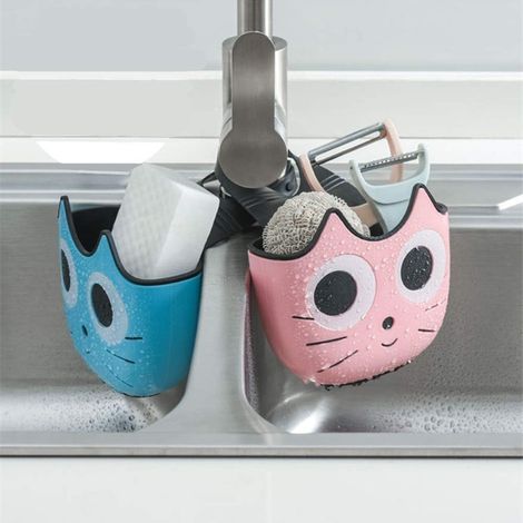 Set da 2 pezzi: porta spugna a forma di gatto con fibbia, supporto da appendere al rubinetto, porta spazzolino da sapone, portapenne da scrivania per cucina e bagno, rosa e blu (1/2)