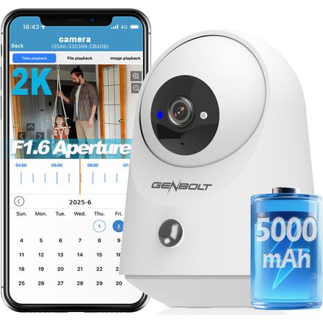GENBOLT 2K Camera Surveillance WiFi Interieur sans Fil, Pan/Tilt Camera Animaux Interieur 5000maAh, Camera Interieur sans Fil，Détection Humaine PIR, pour De Bébé/Animaux/Sécurité Domestique