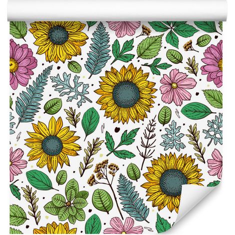 Papel pintado Girasoles coloridos de Plants para salón y dormitorio 50x1000 cm (1/5)