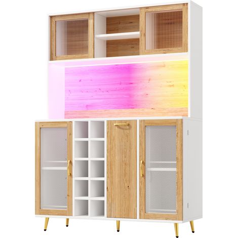 Aparador alto de cocina 120x40x180 cm MDF blanco efecto madera, LED, enchufe y botellero (1/5)