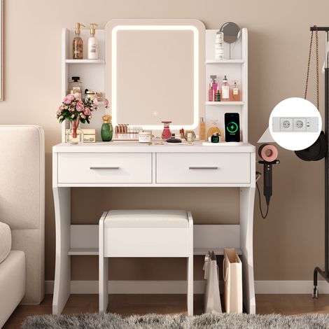 Coiffeuse avec Miroir LED et Tabouret, Luminosité Réglable, 3 Couleurs, Multiprise, 2 Tiroirs, 4 étagères, 80L X 40P X 130H cm, Blanc