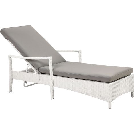 Tumbona de jardín de ratán blanco con cojín de tela de poliéster gris respaldo ajustable y reclinable Vasto (1/5)