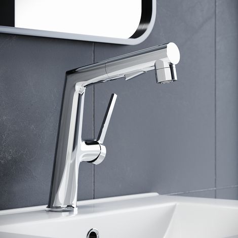ELEGANT Chrome Basin Mixer Tap with Pull-Out Spray, Dual Mode Bathroom Basin Tap with Top Rinsing & Gravity Auto Retraction (1/5)