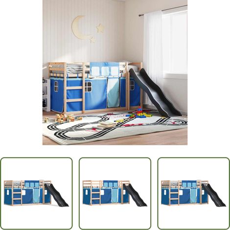 Hochbett für Kinder - Etagenbett mit Rutsche und Gardinen Blau 80x200 cm (1/5)