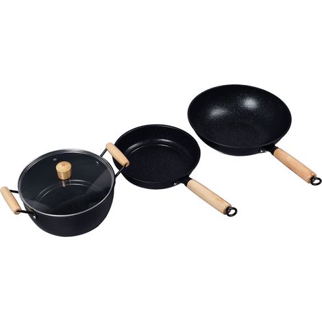 Lot de 3 poêles à frire en fonte, marmites en bois, antiadhésives, pour la cuisine. (1/5)