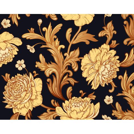 Tissu d'extérieur décoratif Oxford - motif roses dorées sur fond noir I DR278 (1/5)