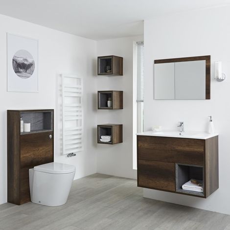 Hudson Reed Hoxton - Set Moderne Chêne Foncé Avec Large Meuble Lavabo LED&44 Meuble WC&44 Mirroir et Trois Cubes de Rangement (1/5)