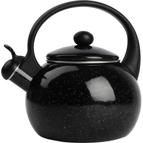 Bollitore in acciaio inox con smalto nero, adatto a piani cottura a gas e induzione, con fischietto, capacità 2,2 litri.