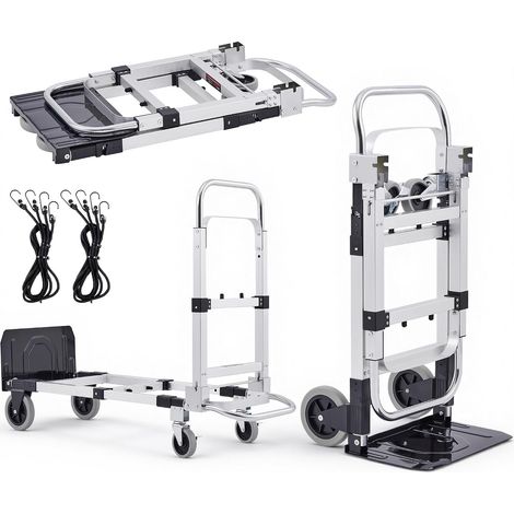 2 en 1 Diable Pliable Chariot de Déménagement Convertible, Charge 110kg/270kg Hauteur Réglable, Roues Pivotantes Verrouillables, en Alliage d'Aluminium