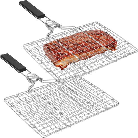 Lot de 2 Paniers à barbecue pliables en acier inoxydable, poignée amovible, pour poissons et légumes