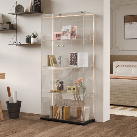 Vetrina in vetro con 4 ripiani e illuminazione a LED che cambia colore, vetrina indipendente, design moderno, 78 x 35 x 163 cm, Nero (1/5)