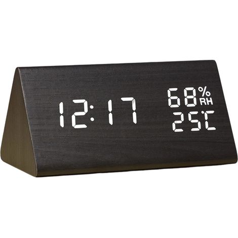 Réveil Numérique Bois - Affichage LED - Température Et Humidité - 3 Alarmes - Alimentation USB - Noir (1/5)