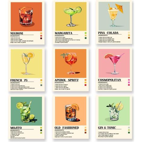 9PCS Cocktail Affiche Decoration Murale Sur Toile Sans Cadre Sur le Thème de L'Été Cocktail Tableau Decoration Murale Affiche Murale pour Cuisine Cafétéria Poster Mural Tableaux (1/5)